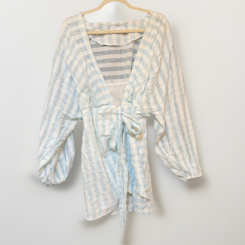 Significant Other Wrap Top Blue White Stripe Tie Front Balloon Sleeve Cotton 6